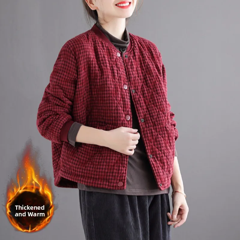 

Женская бейсбольная куртка с хлопковой подкладкой в стиле ретро, японский бренд, свободная клетчатая теплая хлопковая верхняя одежда, длинный воротник-стойка