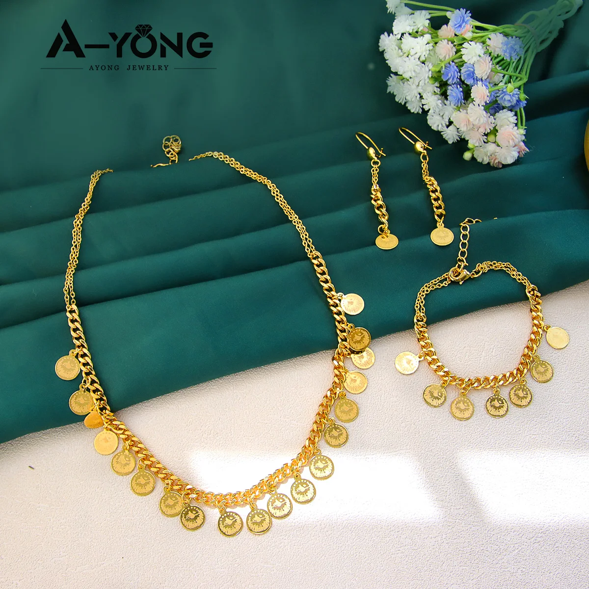 Luxury Arabic Gold Color Coins Necklace Set 21k Gold Plated Turkish Coin Chains Islamic Muslim Women Wedding Party Jewelry