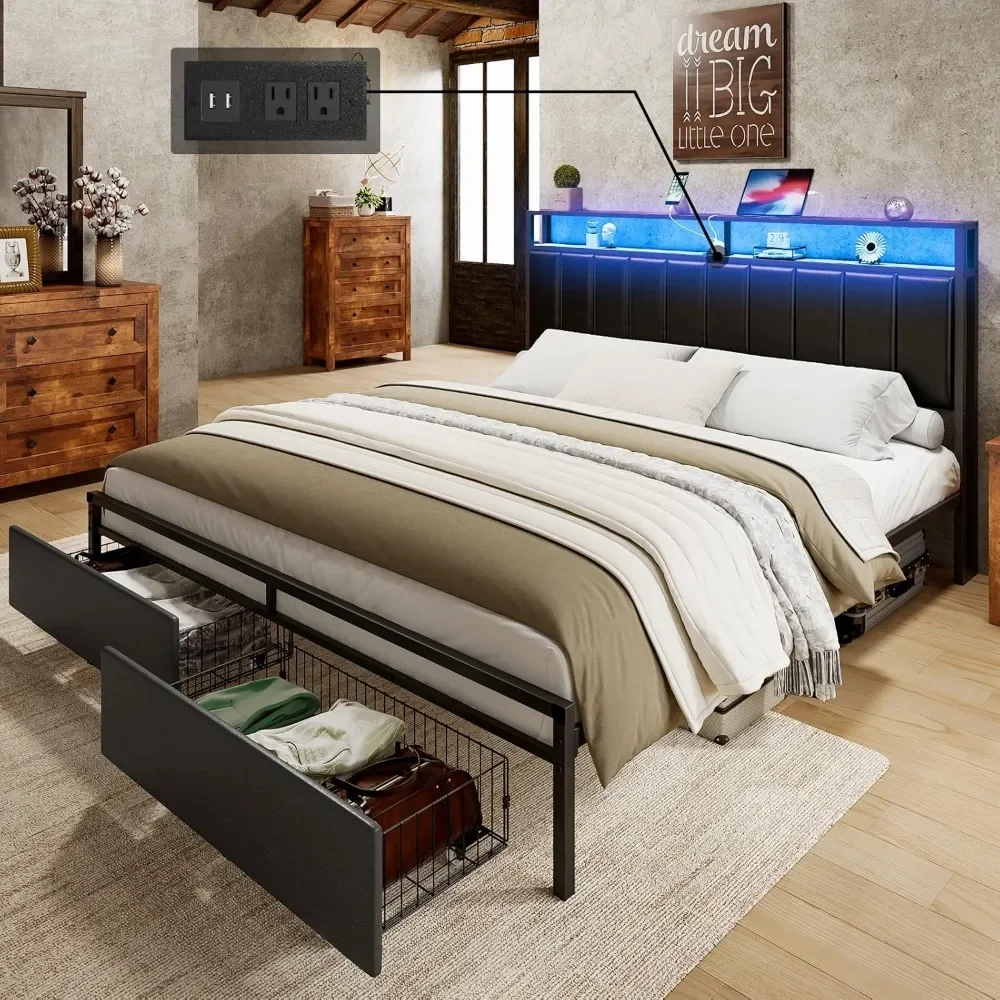 

Full Bed Frame with 2 Storage Drawers, 2-Tier Storage PU Headboard with Charging Station& LED Lights, Bed Frame