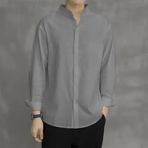 Vår Höst Herrskjorta Långärmad Enfärgad Bomull Linne Henley Neck Enkel Andningsbar Koreansk Stil Mode Herrtopp 6 best sales Koreansk svart skjorta för män - №2