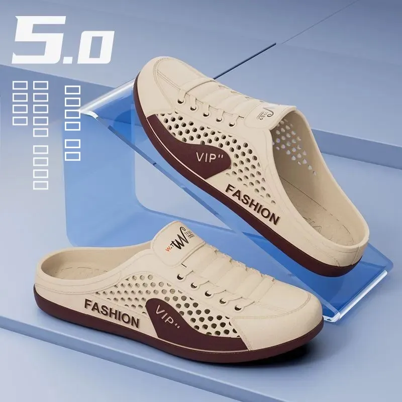 New Men Sandals Open-Toe Slip-On Breathable Mesh Beach Shoes Summer Outdoor Casual Thick Bottom PVC Flat Footwear Slippers 2026