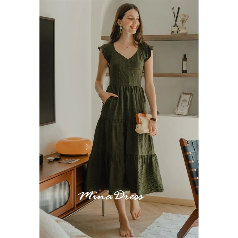 

Mina Customized Pocket Prom Dresses 2025 Button V-neck Wrinkles Evening Dress Woman Wedding Party Dress New in Dresses Elegant
