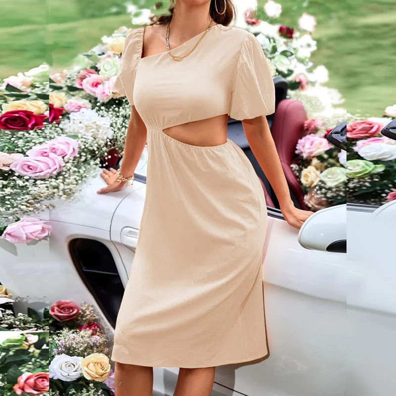 

YQ1-SummerinsHot-Selling Solid Color Non-Sloping Shoulder Casual Dress Fresh Pastoral Women's Wear