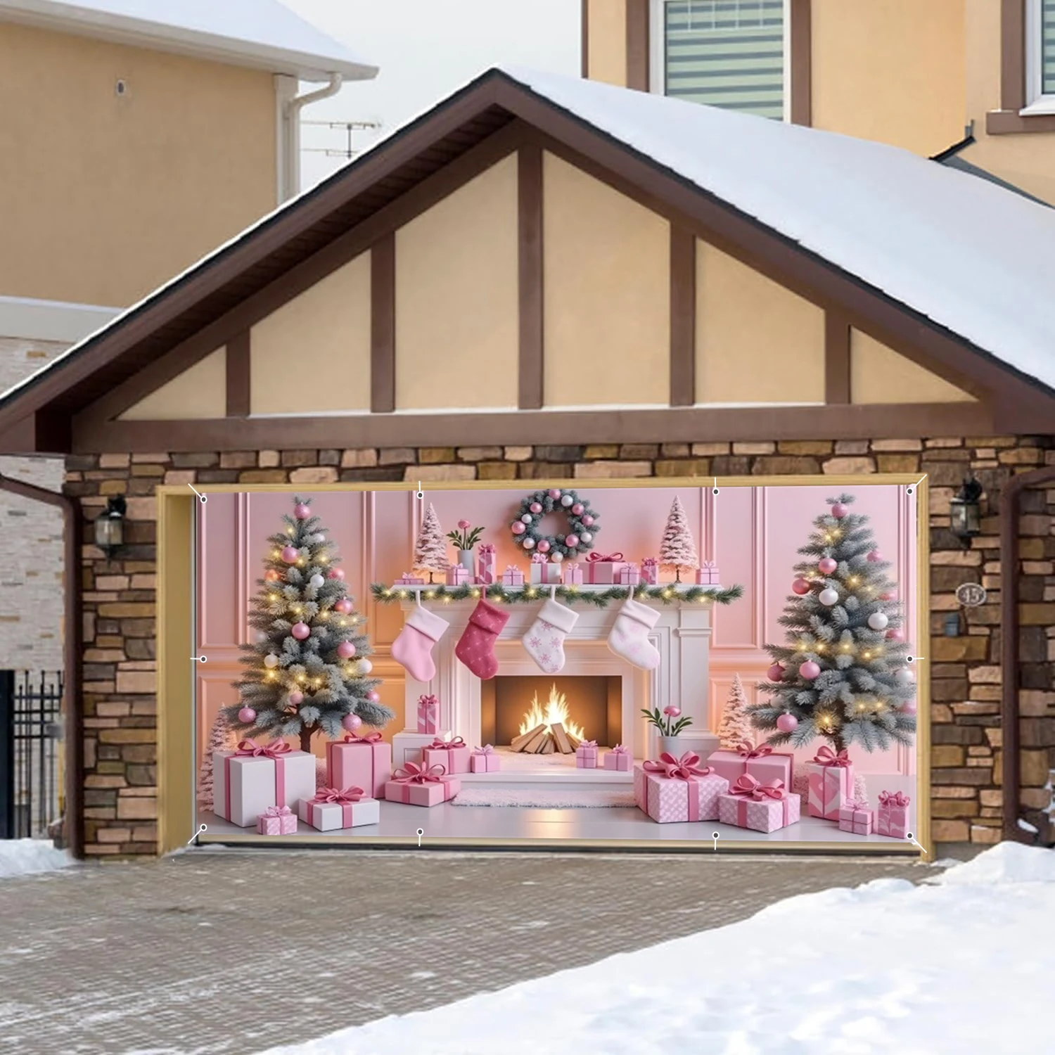Natale rosa camino porta del garage sfondi albero di Natale ghirlanda calzini regali cornice della parete del garage per l'arredamento del cortile di casa all'aperto