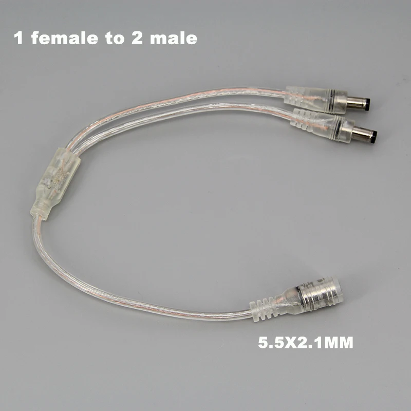 22awg transparent DC 1 female to 2 male way cable 5.5x2.1 Power connector Plug extension cord for neon led strip light R23