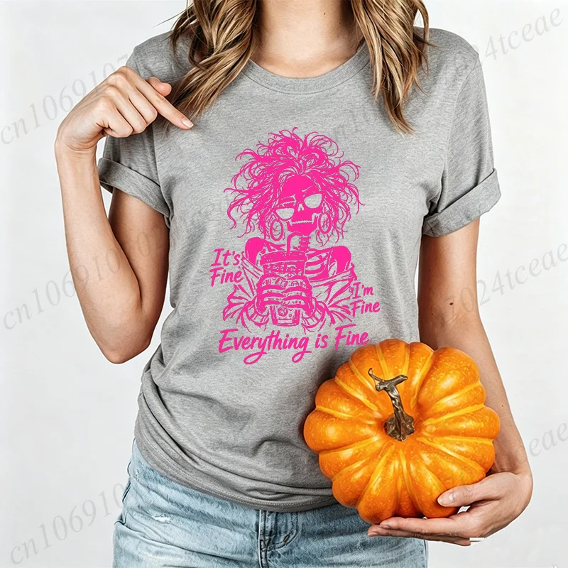 Lustiges Skelett-Kaffee-Grafik-T-Shirt für Damen „Es ist in Ordnung, mir geht es gut, alles ist in Ordnung“ Kurzarm-T-Shirt Halloween Casual Tops Geschenke – Detail 5