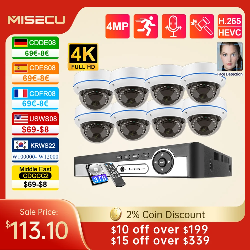 MISECU 8CH 5MP POE Dome Security Camera System IP Camera Vandal-proof Indoor Home CCTV Video Record Surveillance Protection Kit