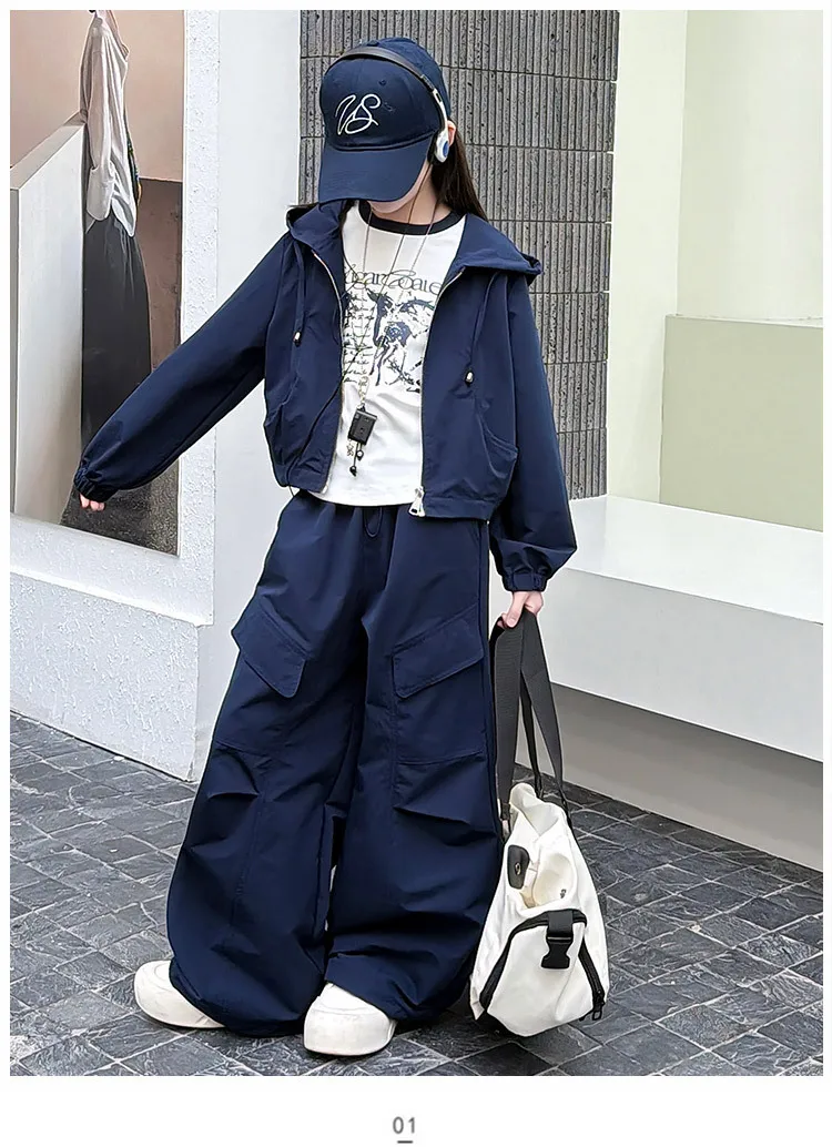 Spring Sport Clothes Set for Junior Kid Workwear Outfits Ages 4-14 Years Teen Girls 2pcs Hooded Zipper Jacket And Cargo Pants Z8