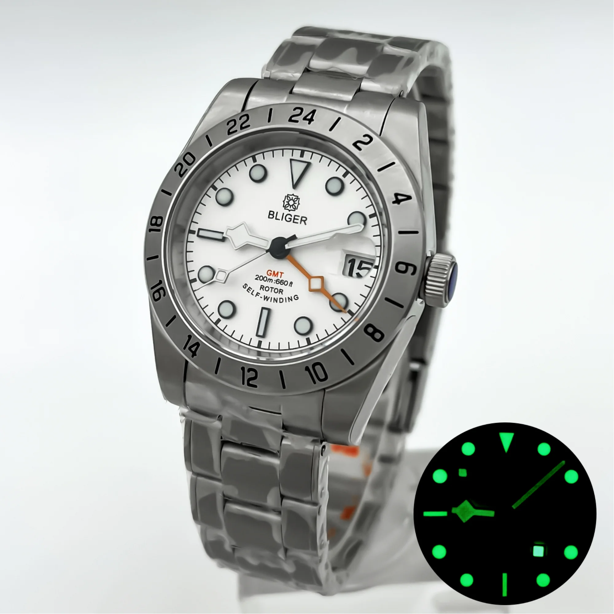 BLIGER New 39mm Automatic Mechanical GMT Watch NH34 Stainless Steel Sport Watch Sapphire Luminous Waterproof For Men Relogio