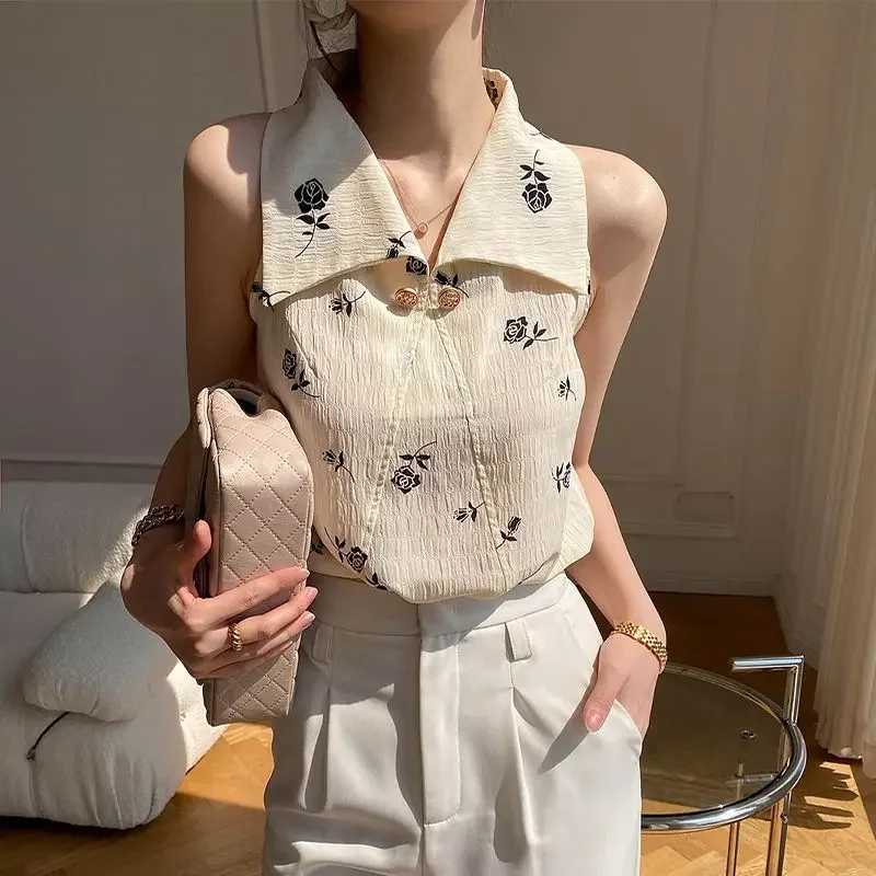 الرجعية قطع الكتف قميص بدون أكمام المرأة الصيف جديد كبير طوق قميص مطبوع الفرنسية التخسيس الكتف الشيفون الإناث بلوزة