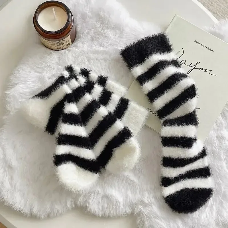 Striped Mink Plush Socks for Women Girl Mid Tube Stockings Warm Coral Velvet Sleep Floor Sock Winter Thermal Slipper Funny Sox