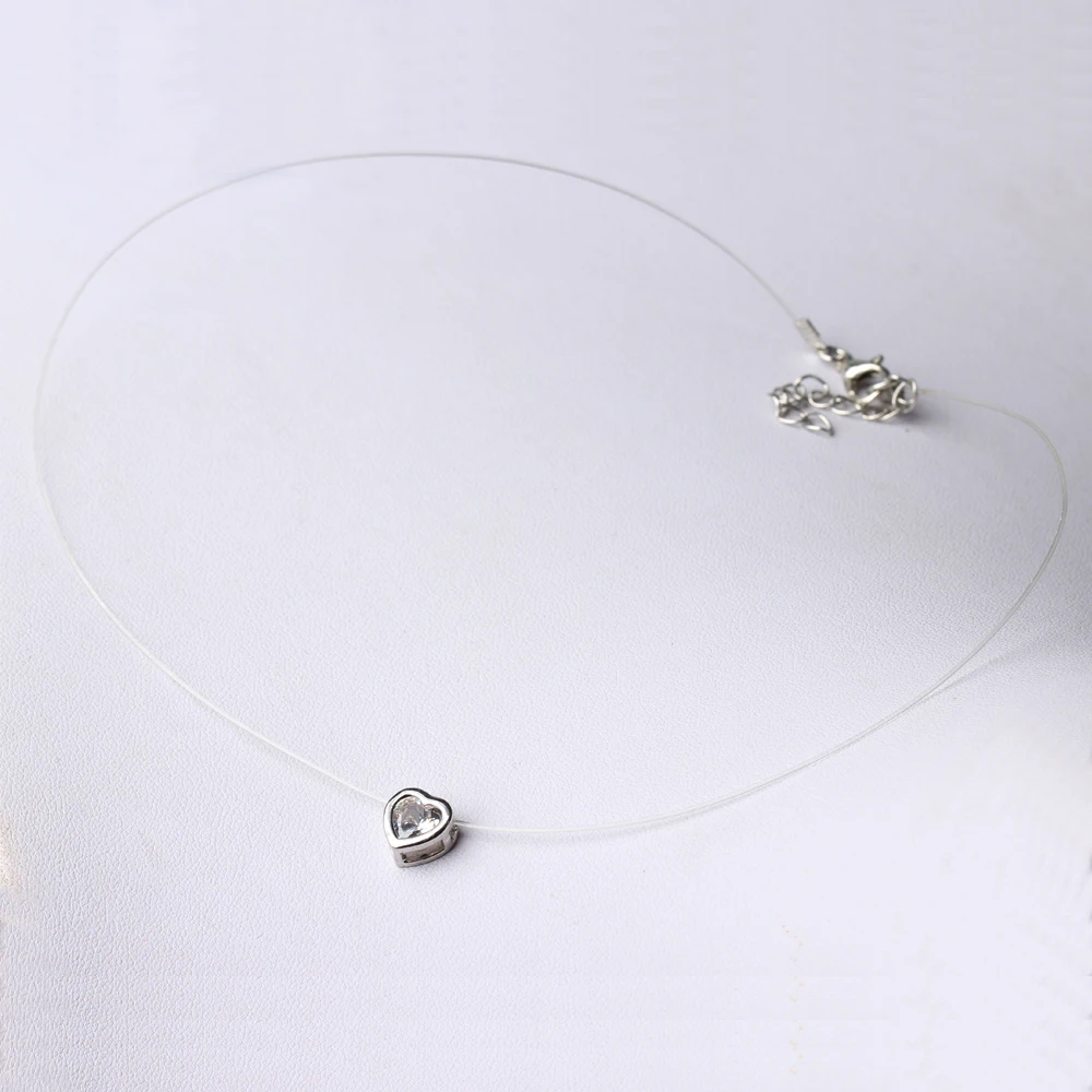 Transparent Fishing Line Sparkling Heart Necklace Silver Color Invisible Chain Women Rhinestone Choker Necklace Collier Femme