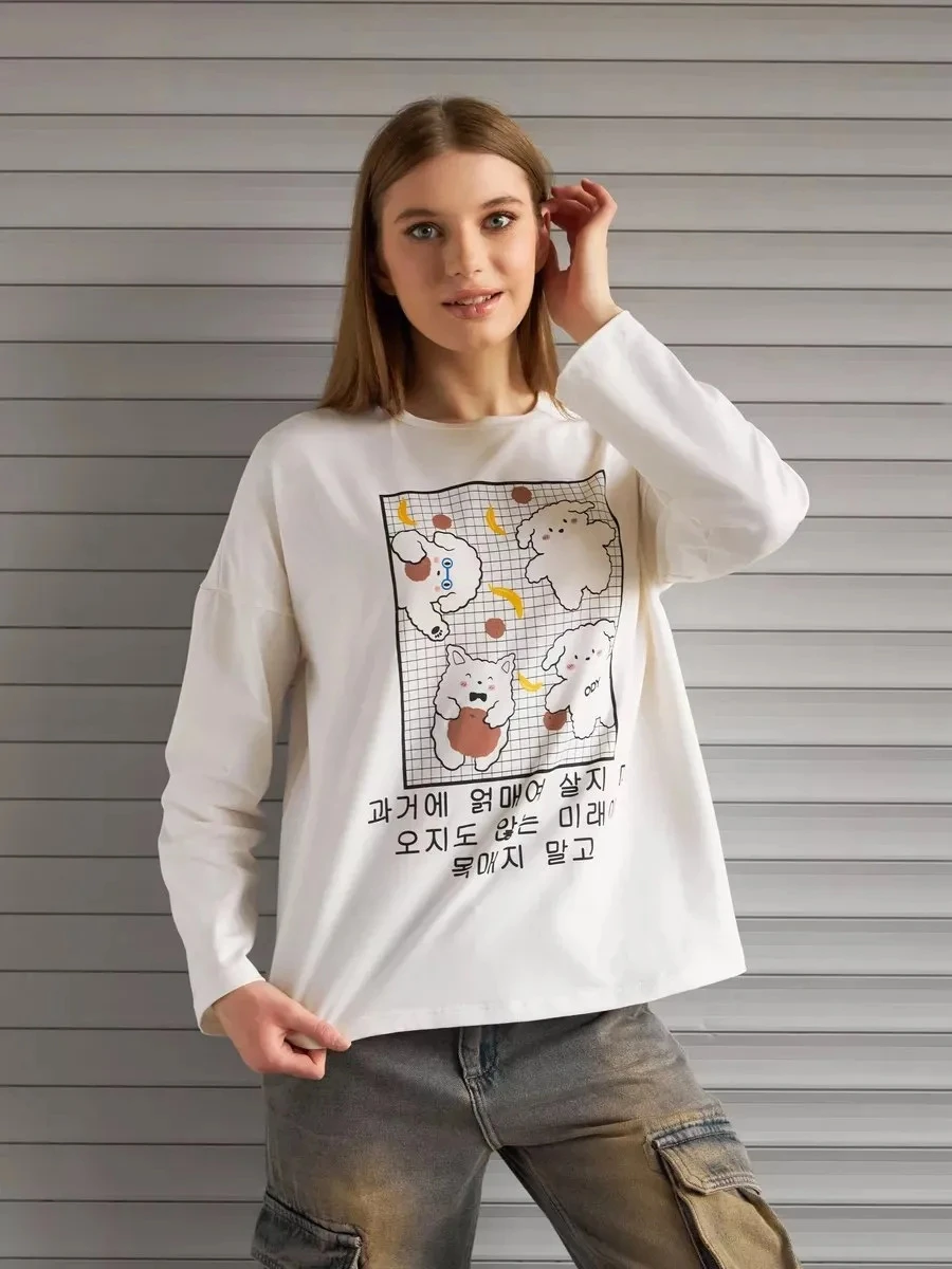 

Длинная футболка с милым принтом собаки, универсальный хлопковый топ для женщин, впитывающий пот, удобный свободный крой, для поездок на работу