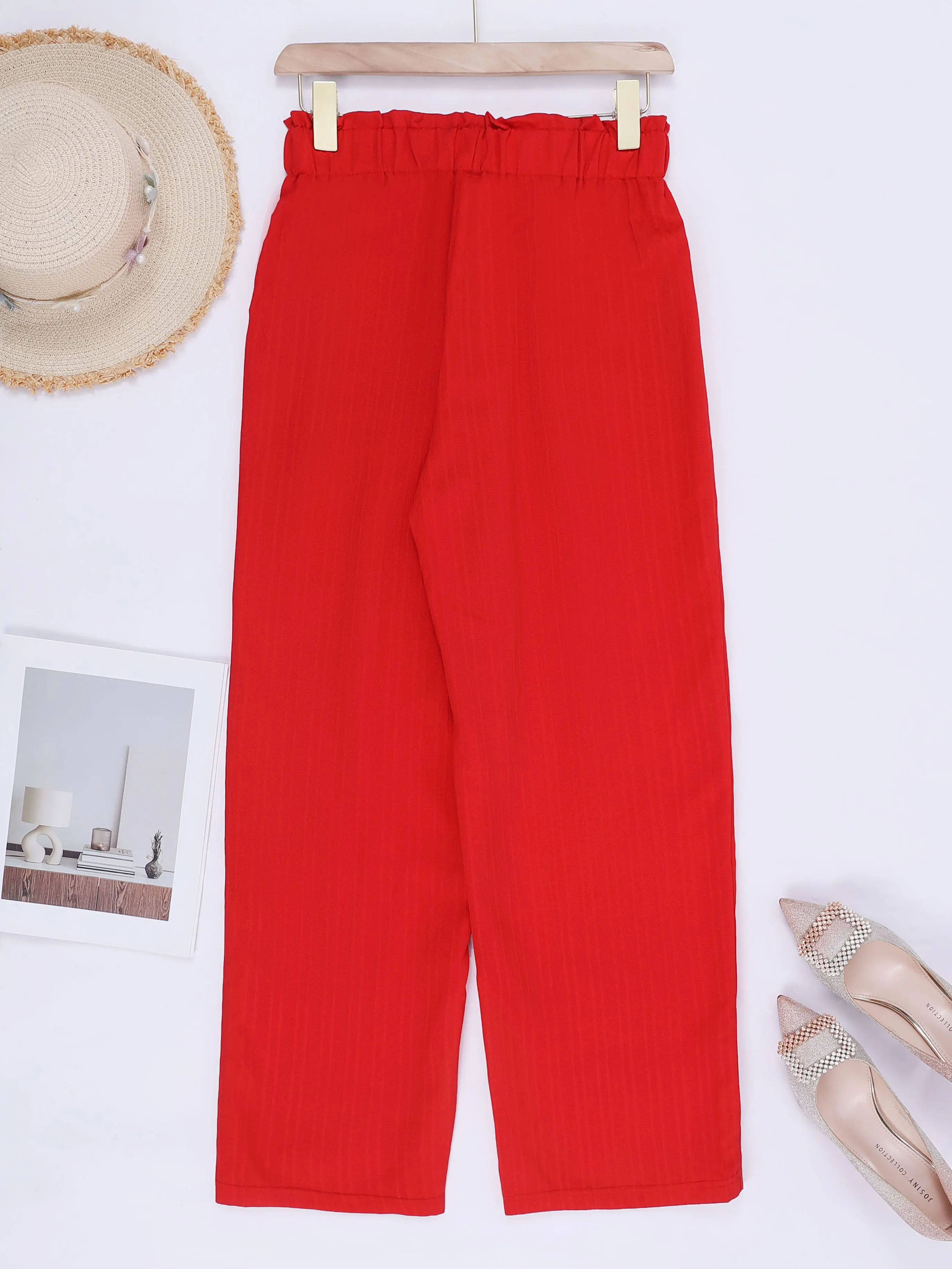Fashion Lace-up Red Wide Leg Pants Casual Loose Elastic High Waist Cotton-linen Long Pants For Women Trouser Streetwear