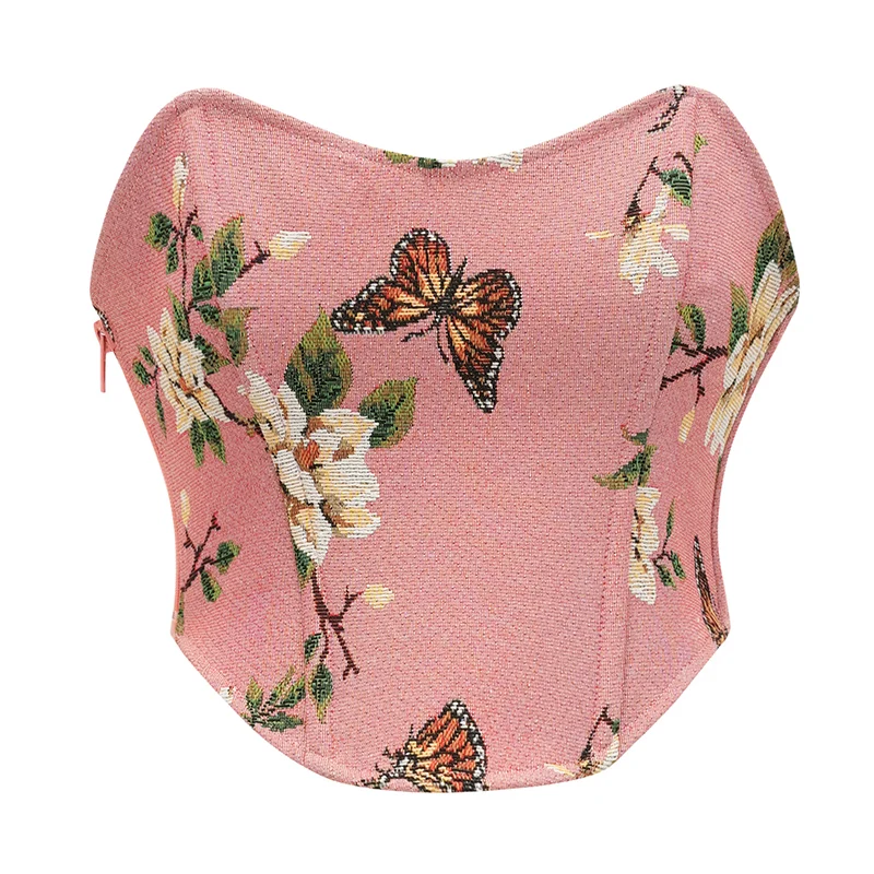 

Pink Floral Butterfly Print Renaissance Gothic Overbust Corset With Side Zip Vintage Bustier Crop Top Sexy Romantic Lingeries