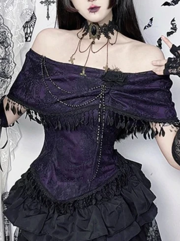 

Vintage Court Subculture Purple Outfits Harajuku Style Gothic Off-Shoulder Three-Dimensional Rose Beaded Vintage Print Slim Top