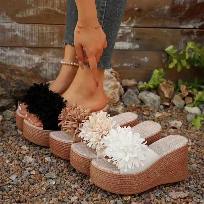 

Women Wedges Sandals Summer Beach Platform Shoes Lightweight Flower Round Headed Shoes Solid Color High Heel Slippers Women