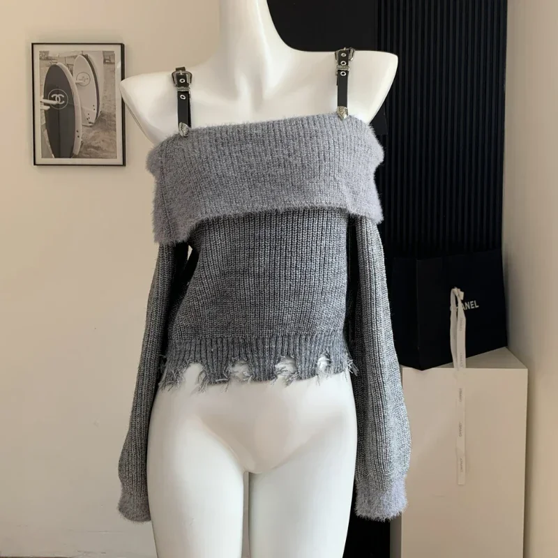 

Women Sexy Off Shoulder Harajuku Y2k Grey Knitted Sweaters Kpop Slash Neck Long Sleeve Pullovers Korean Fashion Knitwear Tops