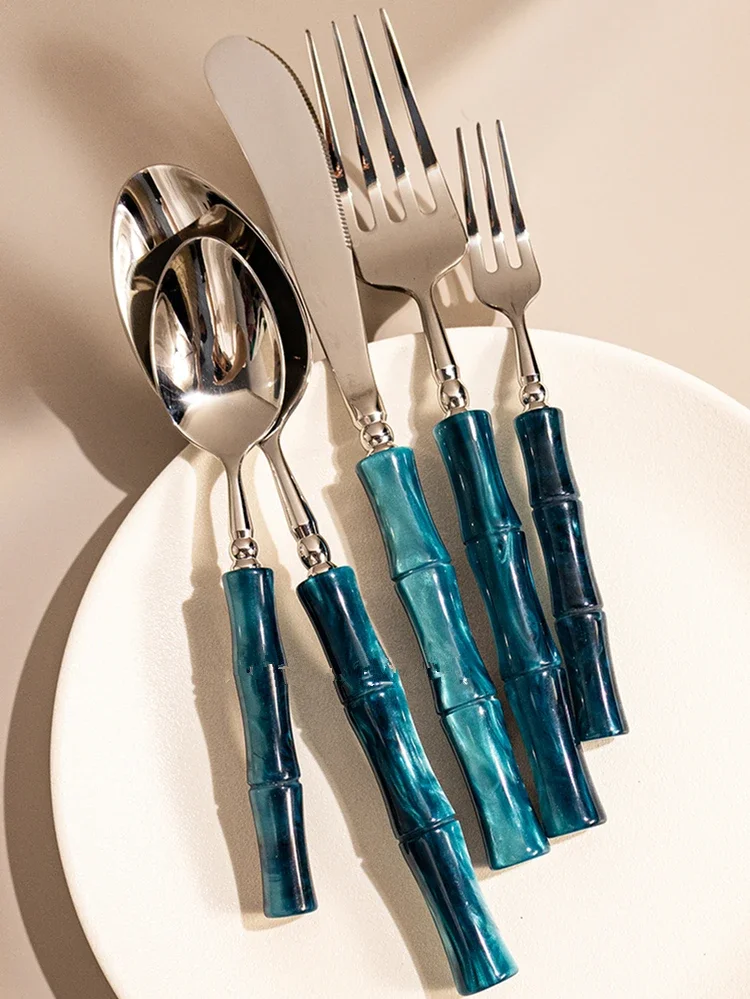 New Resin Cutlery Bamboo Style 18/10 stainless steel 304 Blue Classical Flatware Dinnerware Set Silver Green Drop Shipping