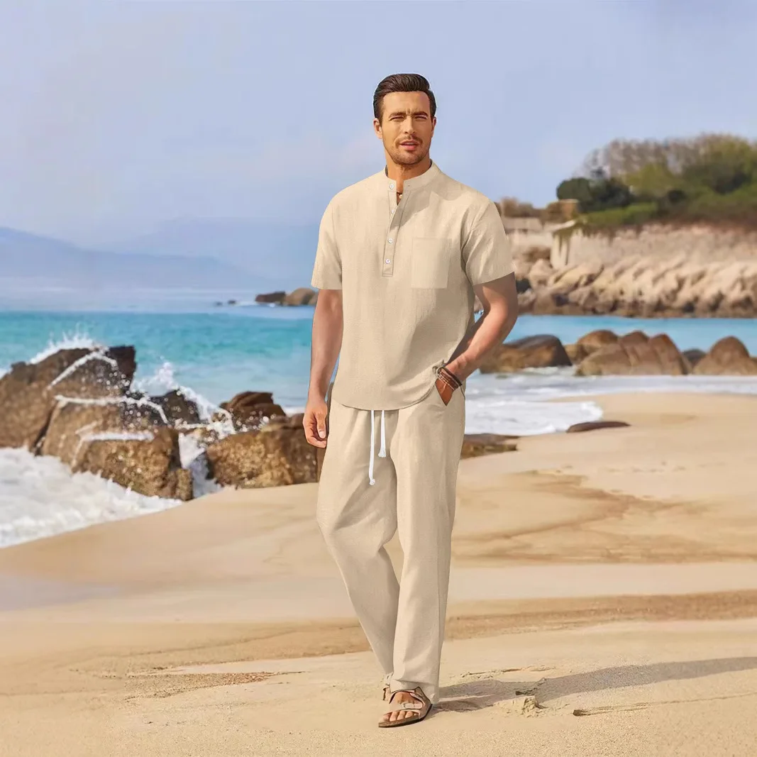 2026 Sommer Herren Einfarbiges Baumwoll-Leinen Zweiteiler-Set Henley Kurzarm-Hemd Lose Gerade Hose Atmungsaktiv Alltag Urlaub Freizeit – Detail 5