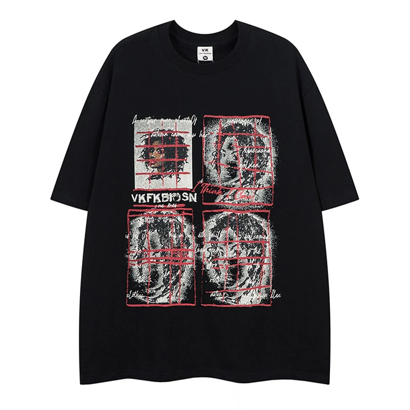 

Chic American street style graphic print short sleeve T-shirt for summer casual hip-hop half-sleeve