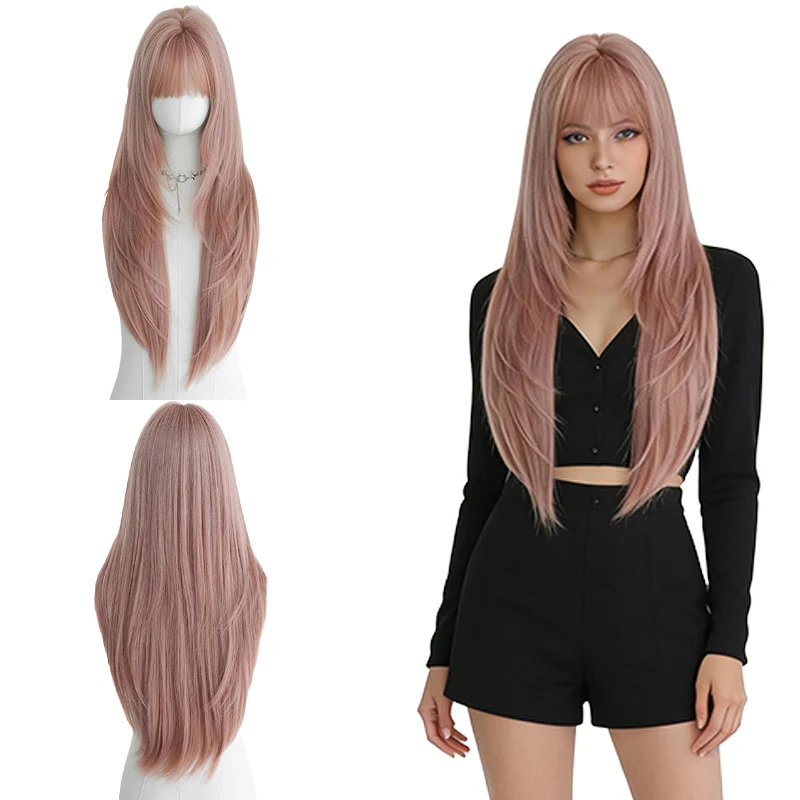 

Rose Pink Long Straight Wig with for Women Layered Full Head Wig Air Bangs Heat Resistant Synthetic Fiber Easy to Manage Wig