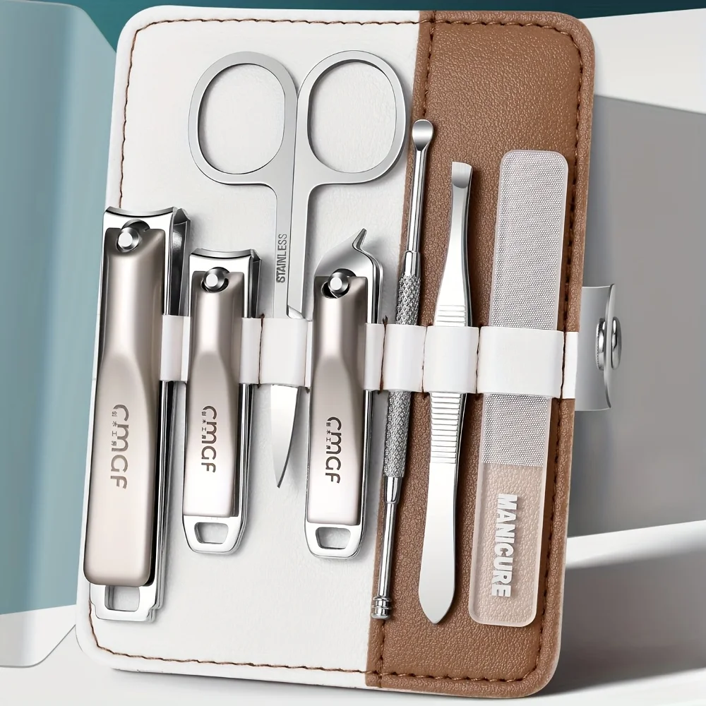 7Pcs Stainless Steel Manicure Set Daily Nail Care Grooming Kit Large Straight Slant Nail Clippers With Ear Pick PU Storage Case