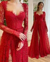 Red Lace Long Sleeve Prom Dresses Long for Women 2025 Illusion Sparkly Sequin Lace A Line Slit Evening Gowns Customized