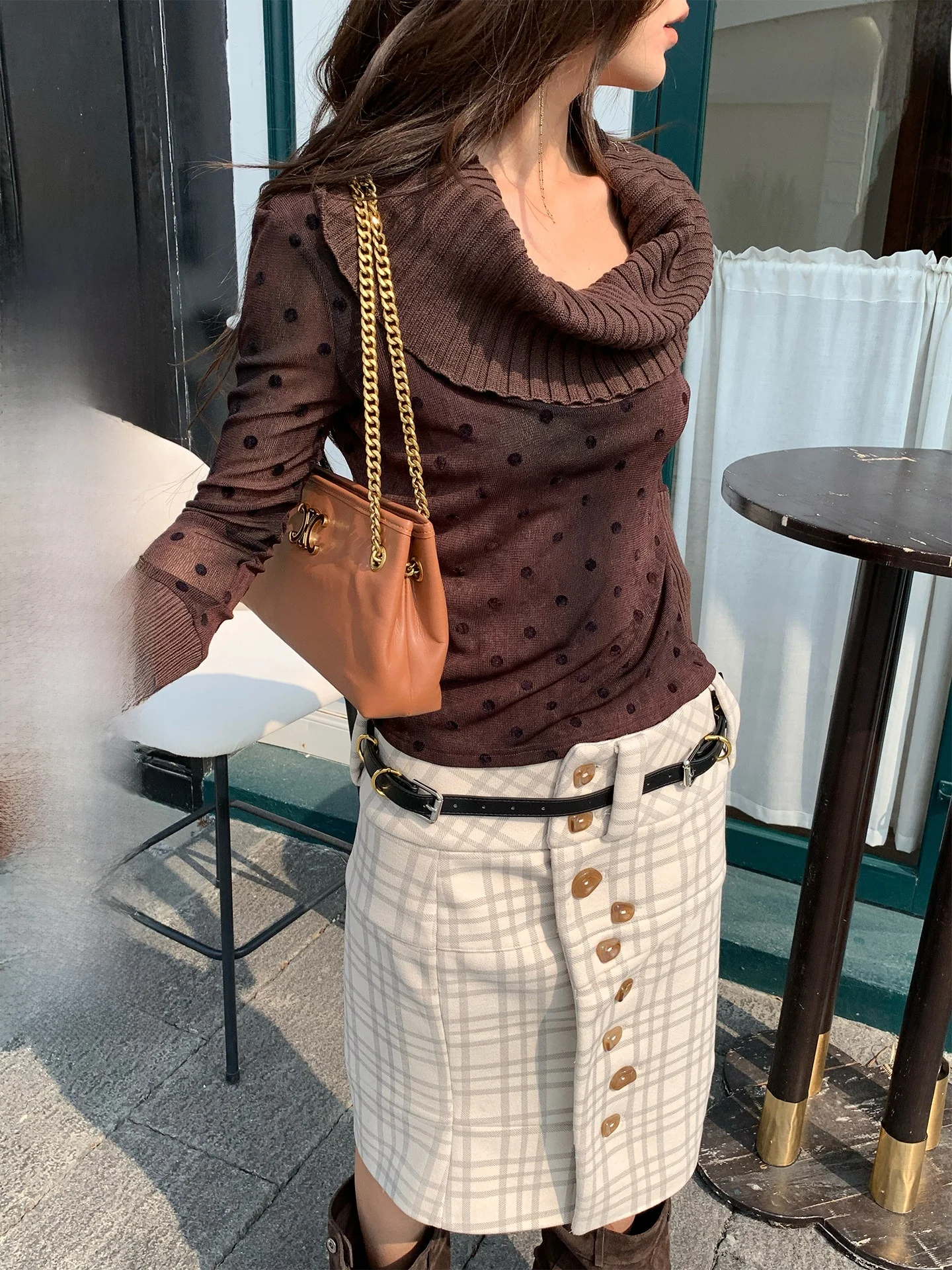 

Retro Design Polka Dot Knitted Sweater Women Long Sleeve One Shoulder Style Two Ways to Wear Princess Cut Daily Casual Top