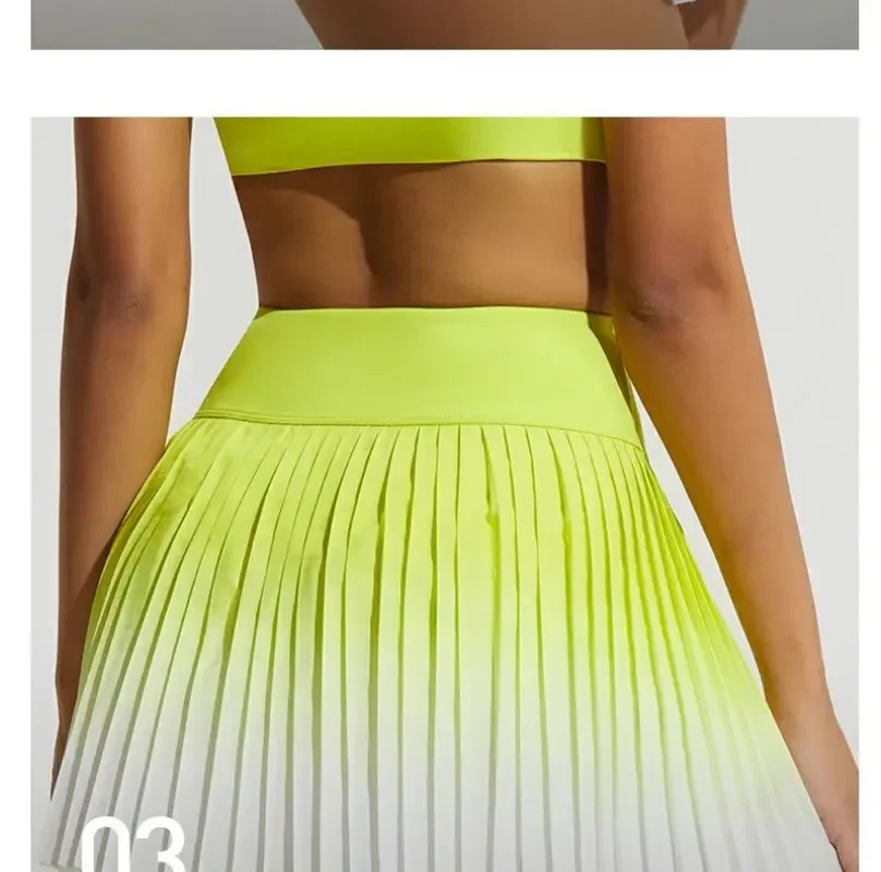 Tennis Skirt Spring/Summer Vacation Two Piece Anti glare Gradient Pleated Skirt Fashion High Waist Sports Fitness Short Skirt