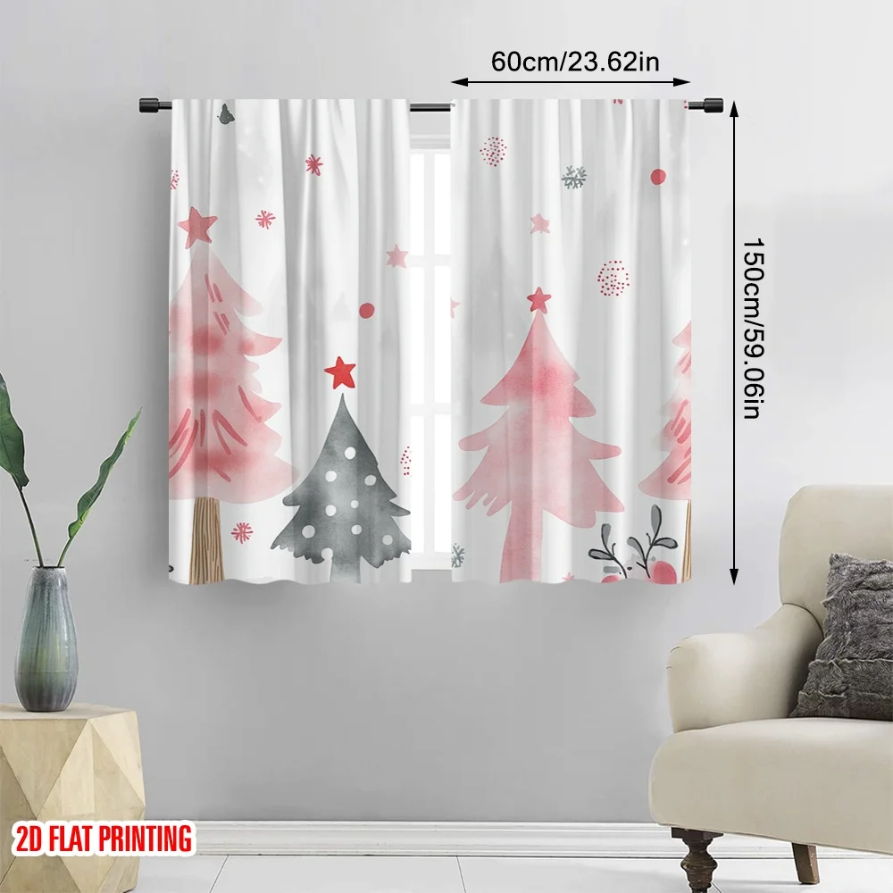 2pcs,2D plane printing Pattern Curtains Christmas Trees Stars Festive Cute (3) Polyester Fabric (without rod) Home Decor Use for