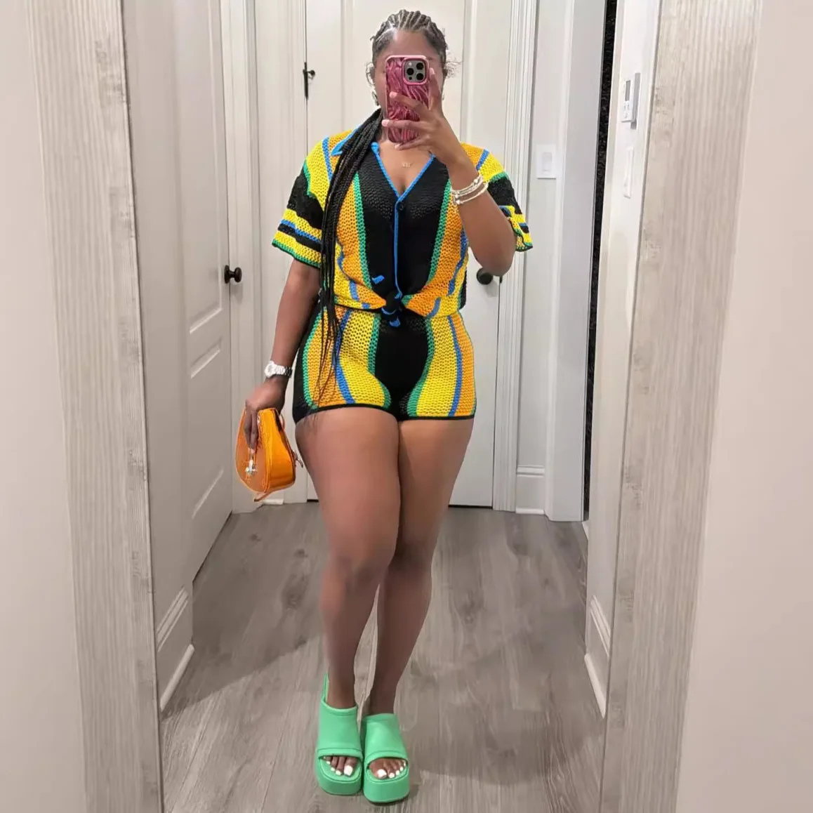 Shorts Pant Set Women Two Piece Sets Turn Down Collar Short Matching Sets Hollow Out Casual Loose Tops Elastic Waist Pants 2025