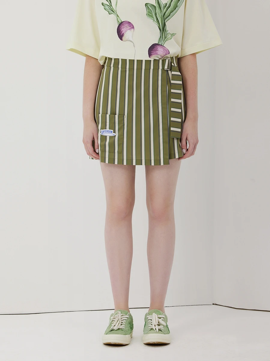 

SEROOM Mustard Yellow Vertical Stripes Retro Street Skirt Pants Women's mid Waist A-Line ort Skirt Summer Collection