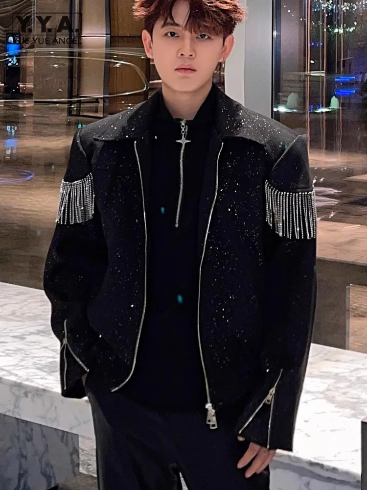 

Mens Fashion Black Jacket Spring New Shiny Diamonds Tassels Shoulder Padded Short Coat Zipper Performance Costume Outerwear Male