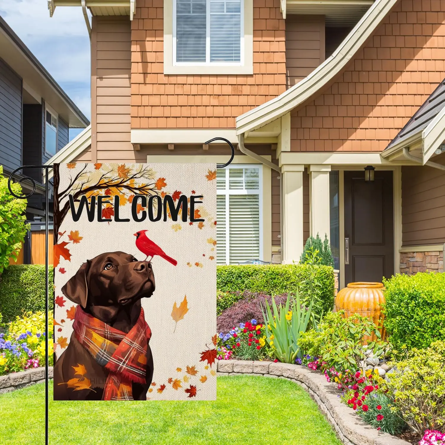 Welcome Fall Chocolate Labrador Dog Decorative Garden Flag, Autumn Cardinal Red Bird Maple Leaves Puppy Home Yard Thanksgivi yyi