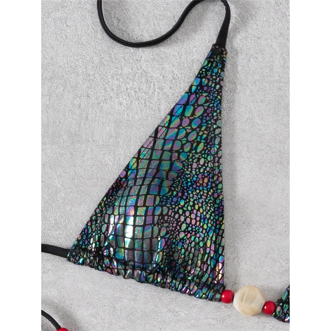 Schlangenhaut-Halter-Bikini, Damen-Badeanzug, zweiteiliges Bikini-Set, Damen-Badebekleidung, hoch geschnittene Beine, mit Trägern, Badeanzug, Schwimmbekleidung V7599 – Detail 5