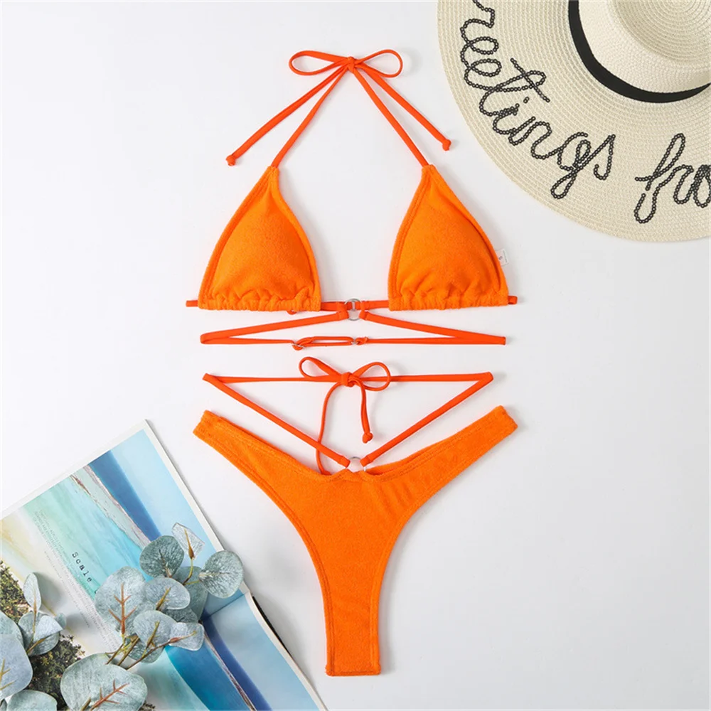 Micro String Extrem Bikini Orange Y2K Dreieck Rückenfrei Badeanzug Frottee Ringe Urlaub Bademode Frauen Push Up Strand Badeanzüge