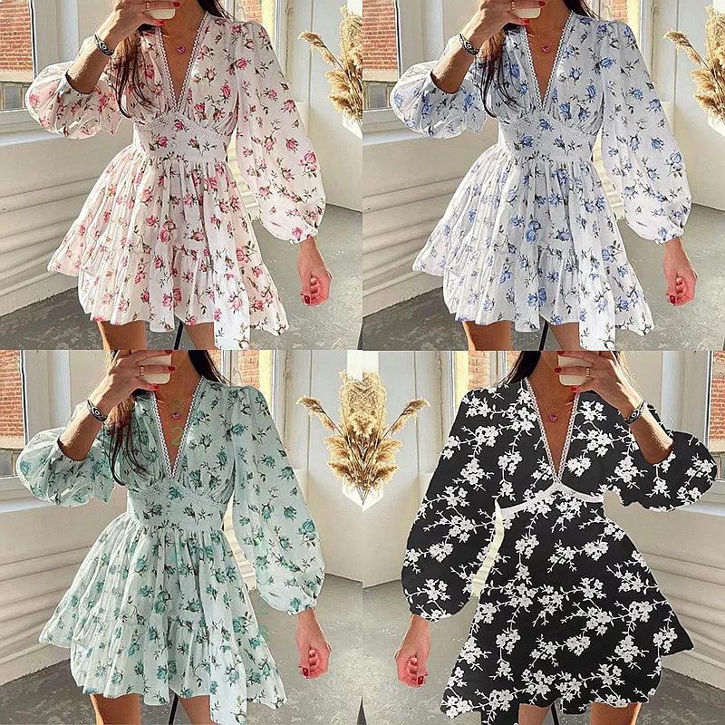 Elegant V Neck Floral Bubble Sleeve Dress High Waist Short Dresses Spring Summer Matching Set