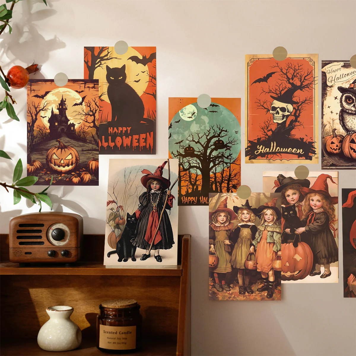 10pcs Vintage Halloween Greeting Cards Halloween Decoration Postcard with Black Cat,Pumpkin, Wall Stickers Note Cards Home Decor