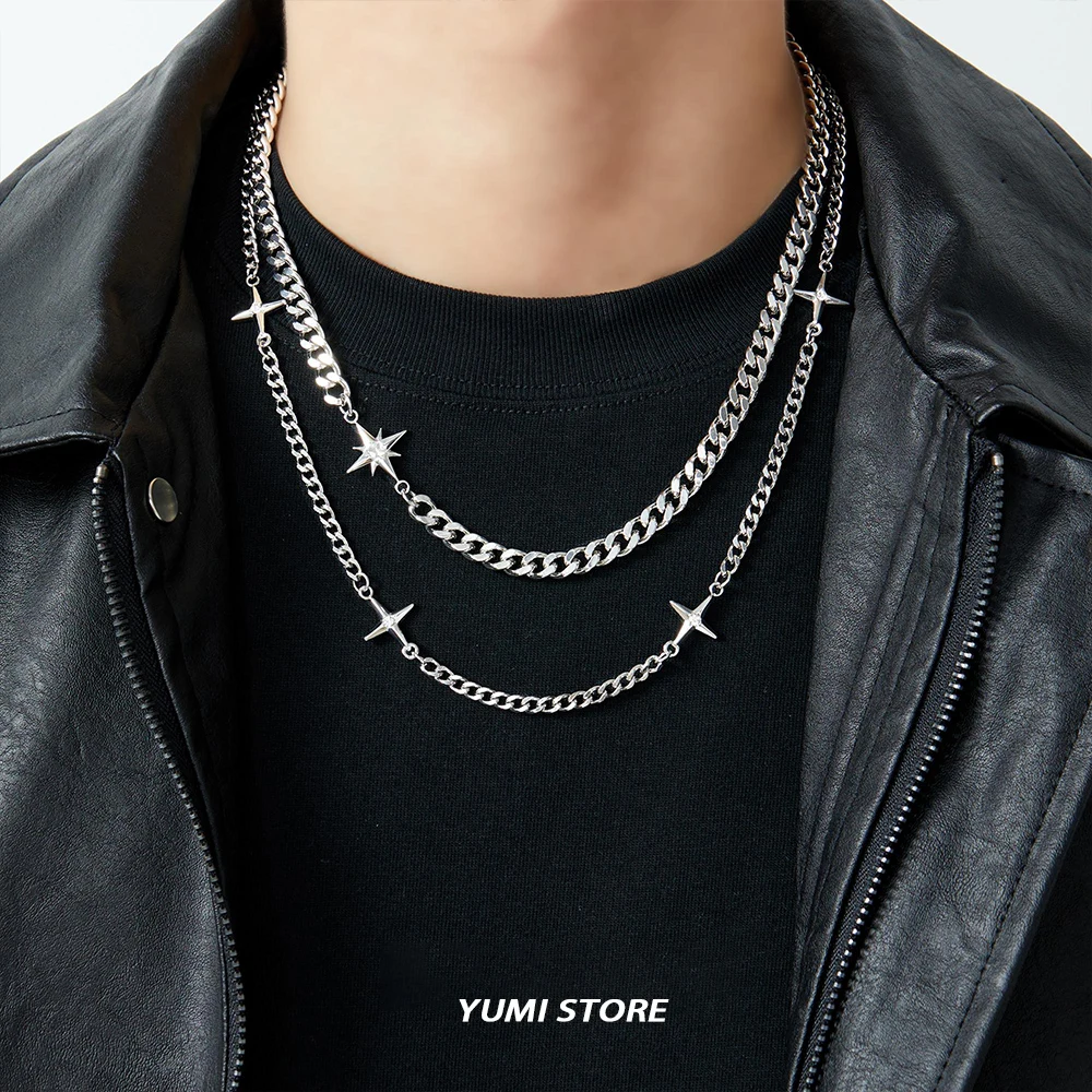 Hip Hop Double-layer Star Cross Necklace For Man Woman Titanium Steel  Clavicle Chain Choker Punk Male Accessories Wholesale