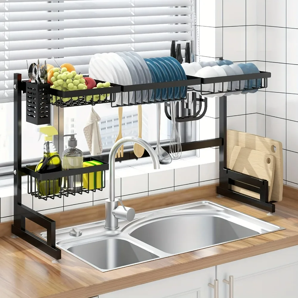 Large kitchen countertop dish rack adjustable,expandable double sink mounted dish rack with cutlery rack,cutting board rack