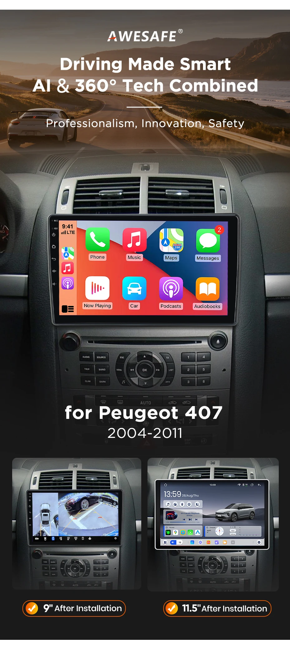 AWESAFE Kabelloses CarPlay Android Radio für Peugeot 407 2004-2011 mit GPS-Navigation Bluetooth WiFi Schnellstart DSP FM Plug & Play – Detail 2