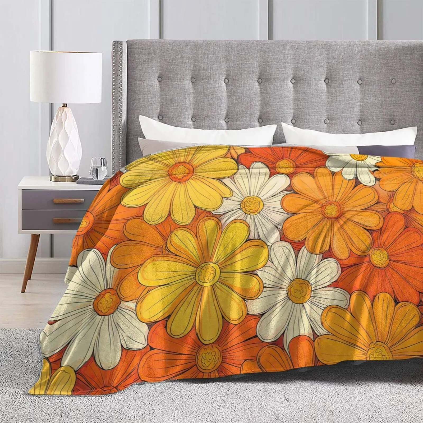 Retro Daisy Flower Blanket Polyester Plush Soft Botanical Cozy Flannel Throw for Home