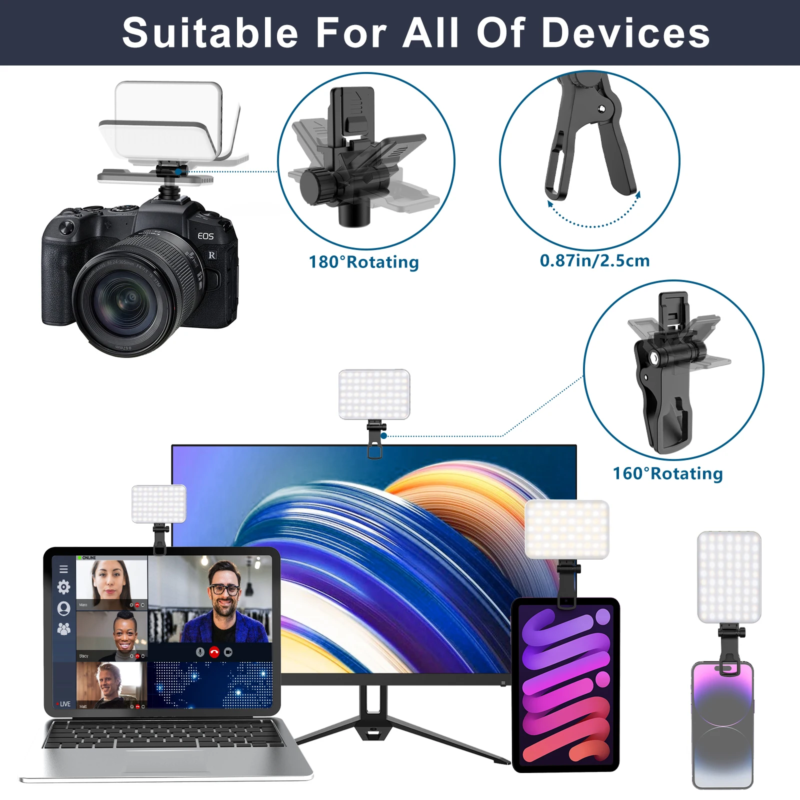 LED Selfie Light 60 perline LED di alta qualità 2500mAh ricaricabile CRI 97 +, 7 modalità di illuminazione portatile sulla luce per telefono/Tablet/Laptop