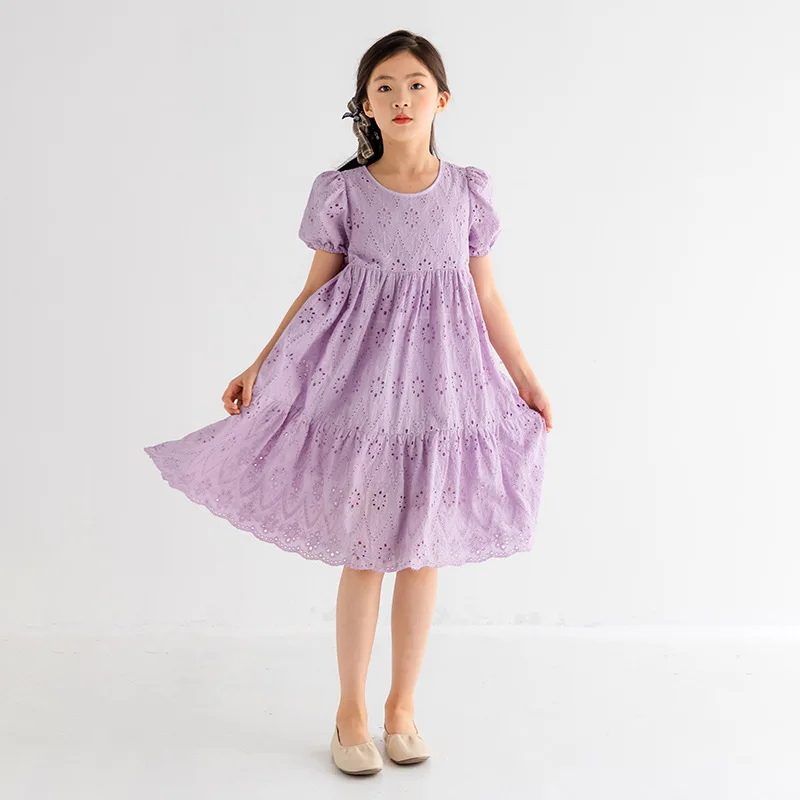 JUCPKID 2024 Summer Children Girl Dress School Girl Lace Hollow Out Bubble Sleeve Princess Dress Junior Girl One-piece Dress