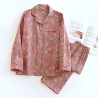 2026 new spring and summer women's pajamas suit long-sleeved trousers two-piece 100% cotton crepe flower leaves home clothes - Image 2