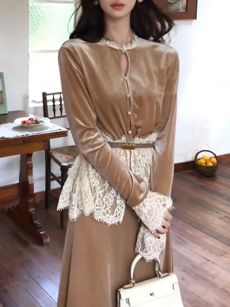 

Бархатный кружевной лоскутный топ больших размеров, универсальный утягивающий кардиган с французским длинным светом, круглый кардиган на одной пуговице