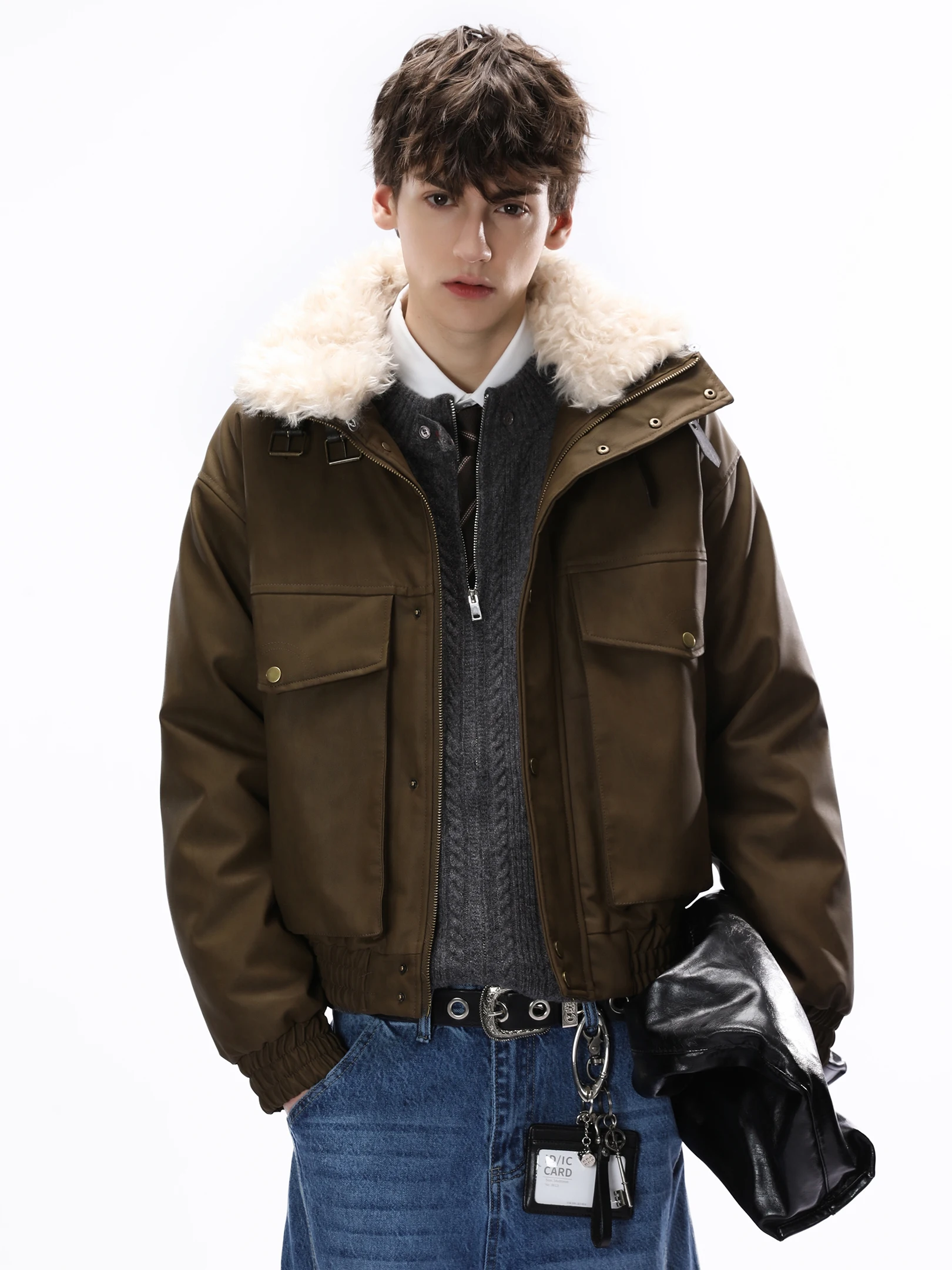 

American Barn Sle Suede Collar Cotton Jaet Men's Trendy Design ort Coat Warmth Thiened Zipper Closure Side ket