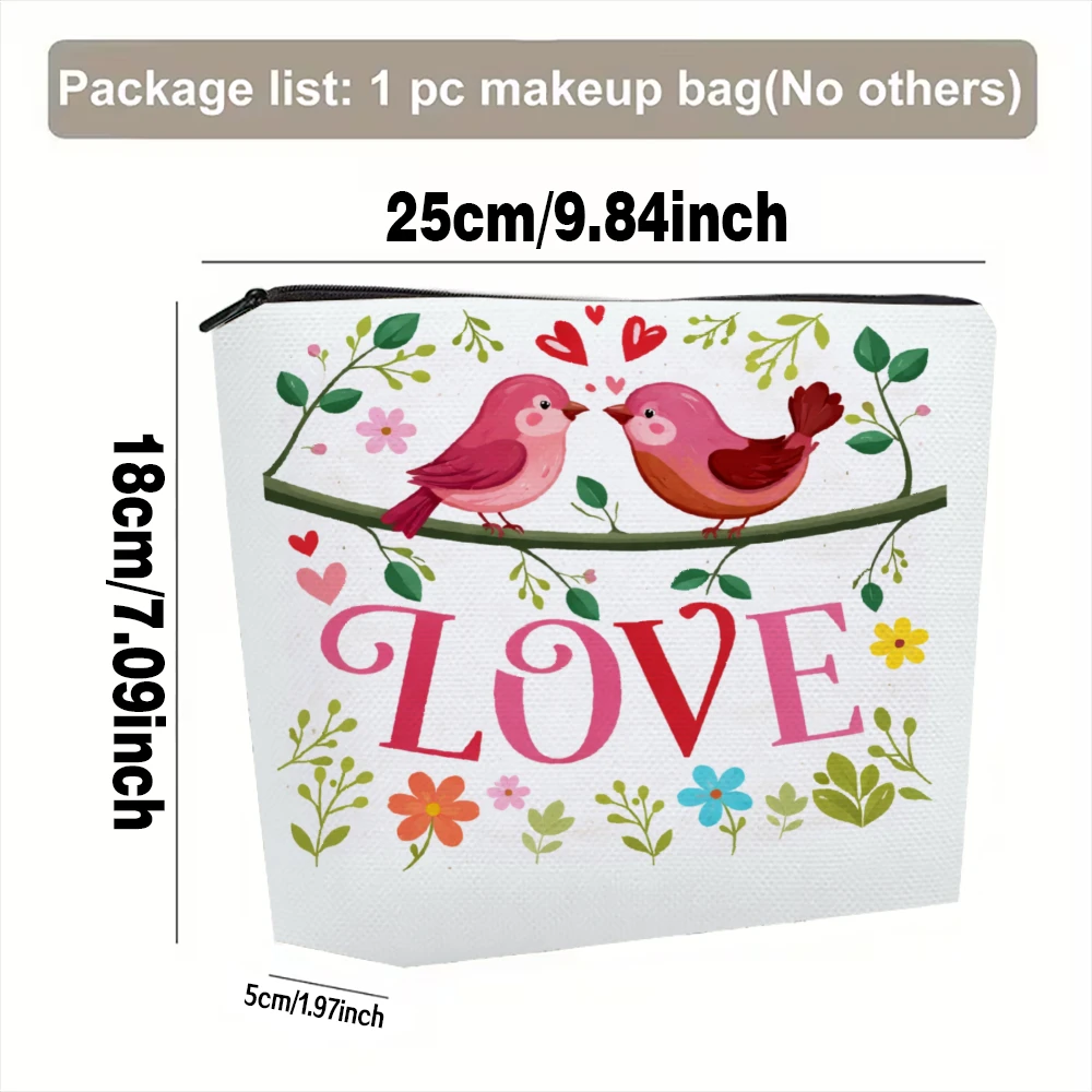 Love Birds Hearts Flowers Branch Makeup Bags for Girls Cosmetic Pouch Toiletry Bag Pencil Case Travel Storage
