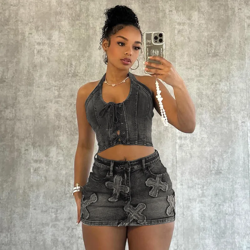 Embroidery Denim Two Piece Set Women 2024 Summer New Halter Lace Up Sleeveless Tank Crop Tops Mini Skirts Casual Outfits